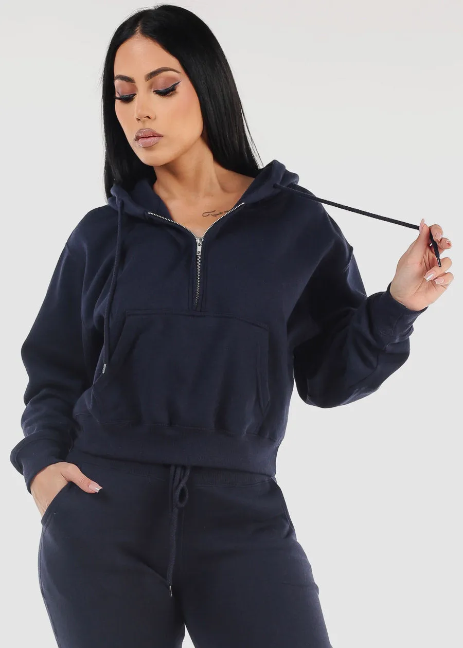 Half Zip Up Fleece Pullover Hoodie Navy sold by Moda