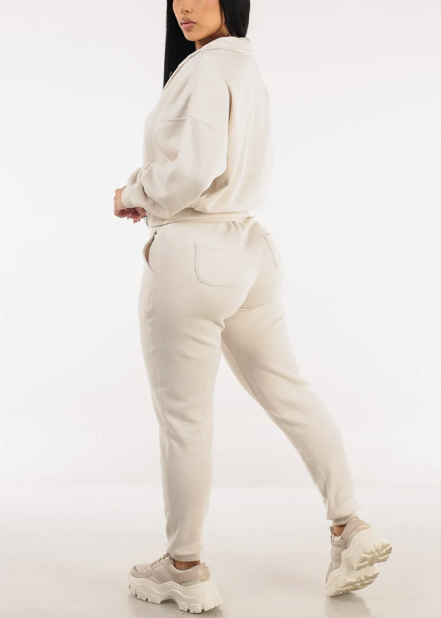 High Waist Fleece Jogger Pants Cream w Pockets sold by Moda product image thumbnail 5