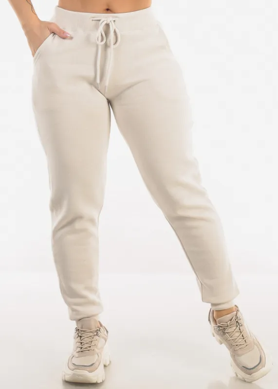 High Waist Fleece Jogger Pants Cream w Pockets sold by Moda