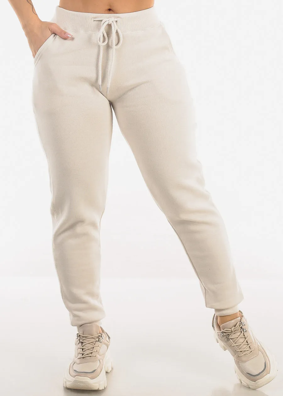 High Waist Fleece Jogger Pants Cream w Pockets sold by Moda