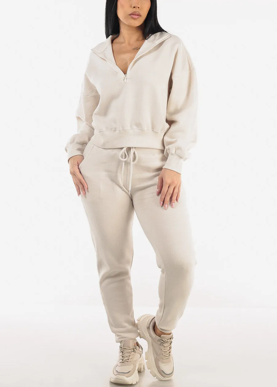 High Waist Fleece Jogger Pants Cream w Pockets sold by Moda product image thumbnail 2