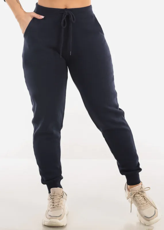 High Waist Fleece Jogger Pants Navy w Pockets sold by Moda