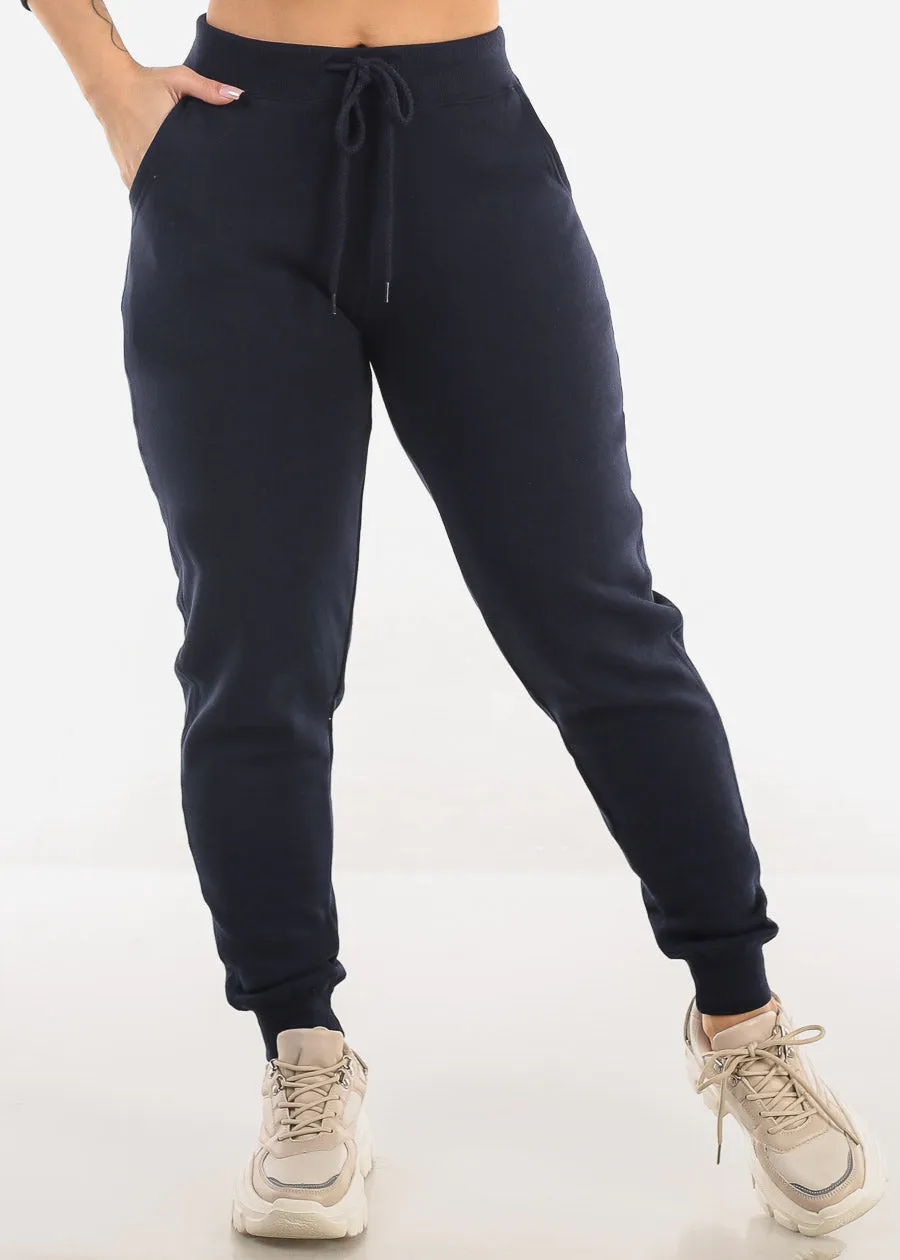 High Waist Fleece Jogger Pants Navy w Pockets sold by Moda
