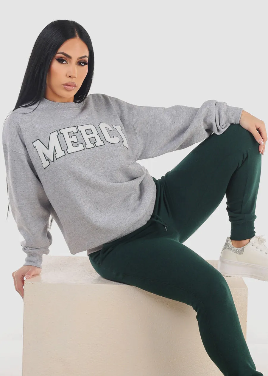 Relaxed Fit Fleece Sweatshirt Heather Grey "Merci" sold by Moda