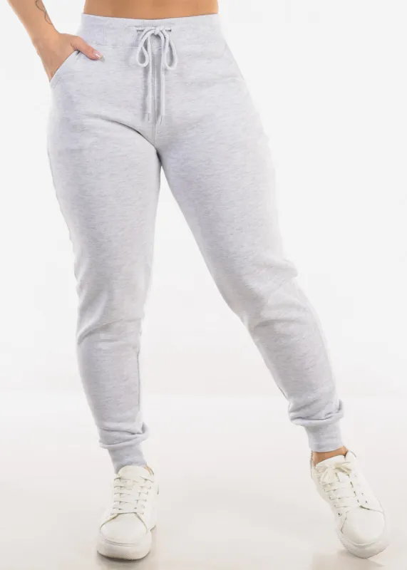 High Waist Fleece Jogger Pants Light Grey w Pockets sold by Moda