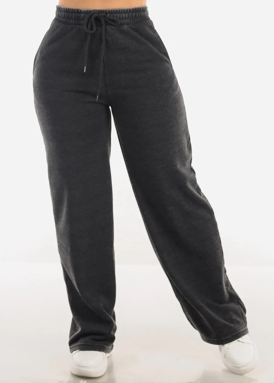 Drawstring Waist Straight Wide Leg Fleece Pants Charcoal sold by Moda