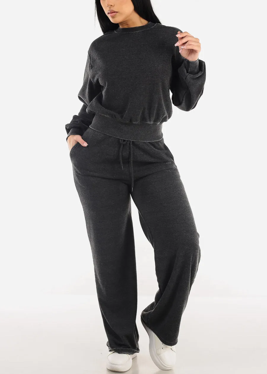 Drawstring Waist Straight Wide Leg Fleece Pants Charcoal sold by Moda product image thumbnail 2