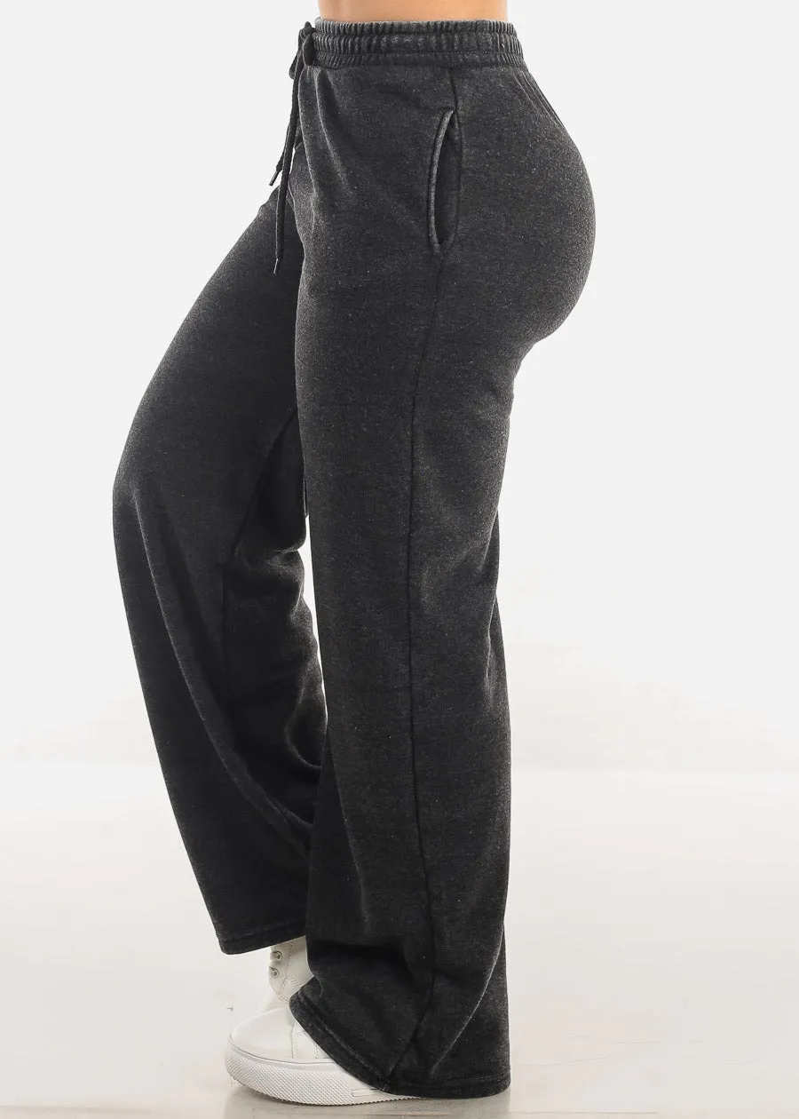 Drawstring Waist Straight Wide Leg Fleece Pants Charcoal sold by Moda product image thumbnail 3