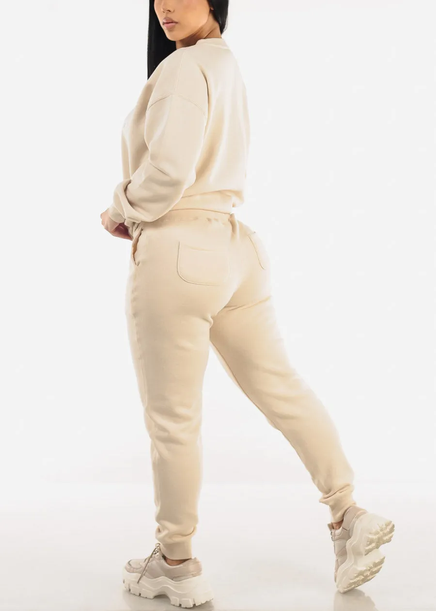 High Waist Fleece Jogger Pants Beige w Pockets sold by Moda product image thumbnail 5