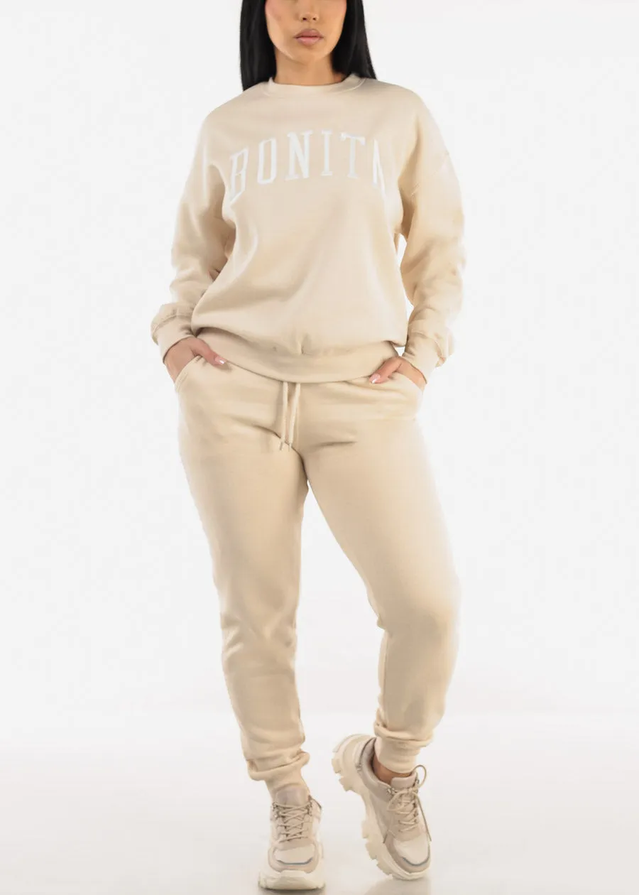 High Waist Fleece Jogger Pants Beige w Pockets sold by Moda product image thumbnail 2