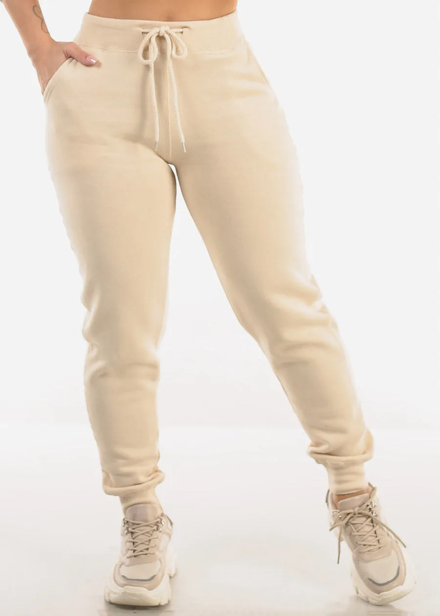 High Waist Fleece Jogger Pants Beige w Pockets sold by Moda
