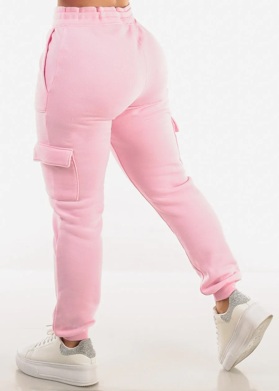 High Drawstring Waist Fleece Cargo Jogger Pants Pink sold by Moda product image thumbnail 4