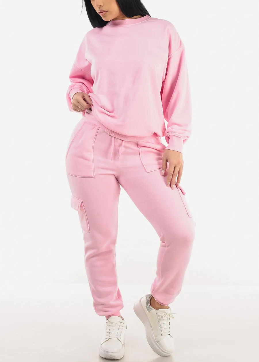 High Drawstring Waist Fleece Cargo Jogger Pants Pink sold by Moda product image thumbnail 2