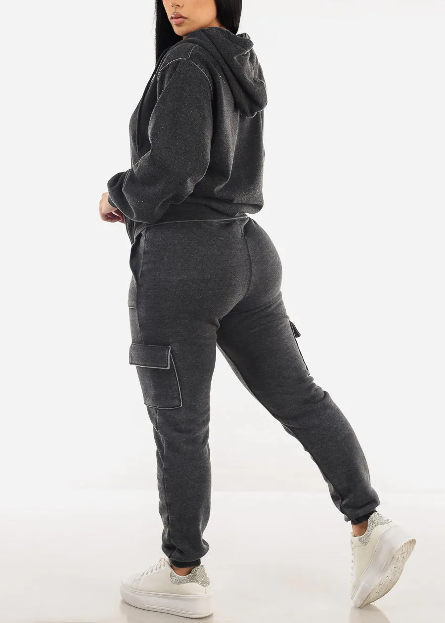 High Drawstring Waist Fleece Cargo Jogger Pants Charcoal sold by Moda product image thumbnail 5