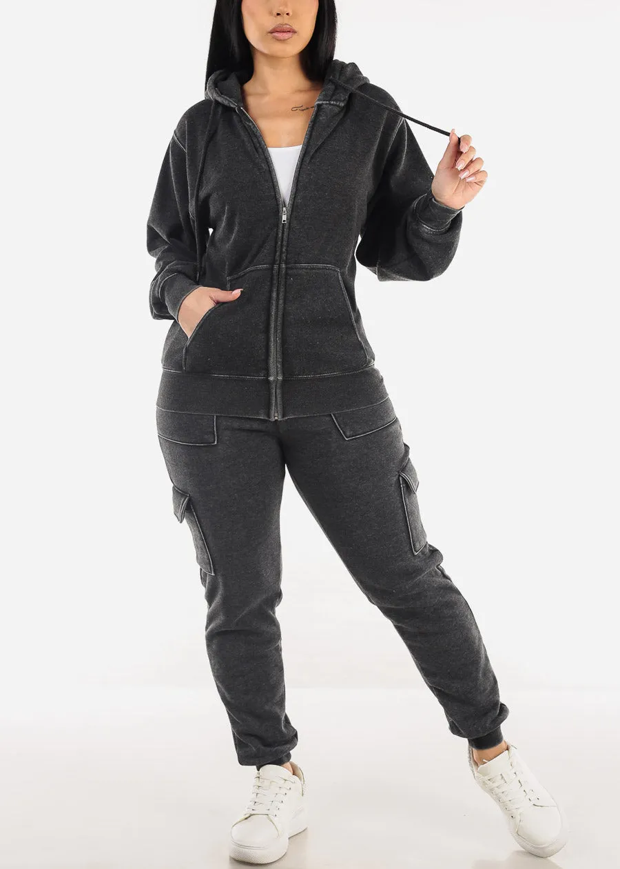 High Drawstring Waist Fleece Cargo Jogger Pants Charcoal sold by Moda product image thumbnail 2