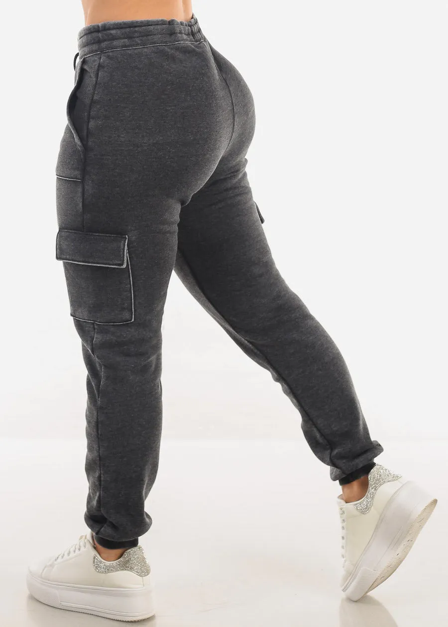 High Drawstring Waist Fleece Cargo Jogger Pants Charcoal sold by Moda product image thumbnail 4
