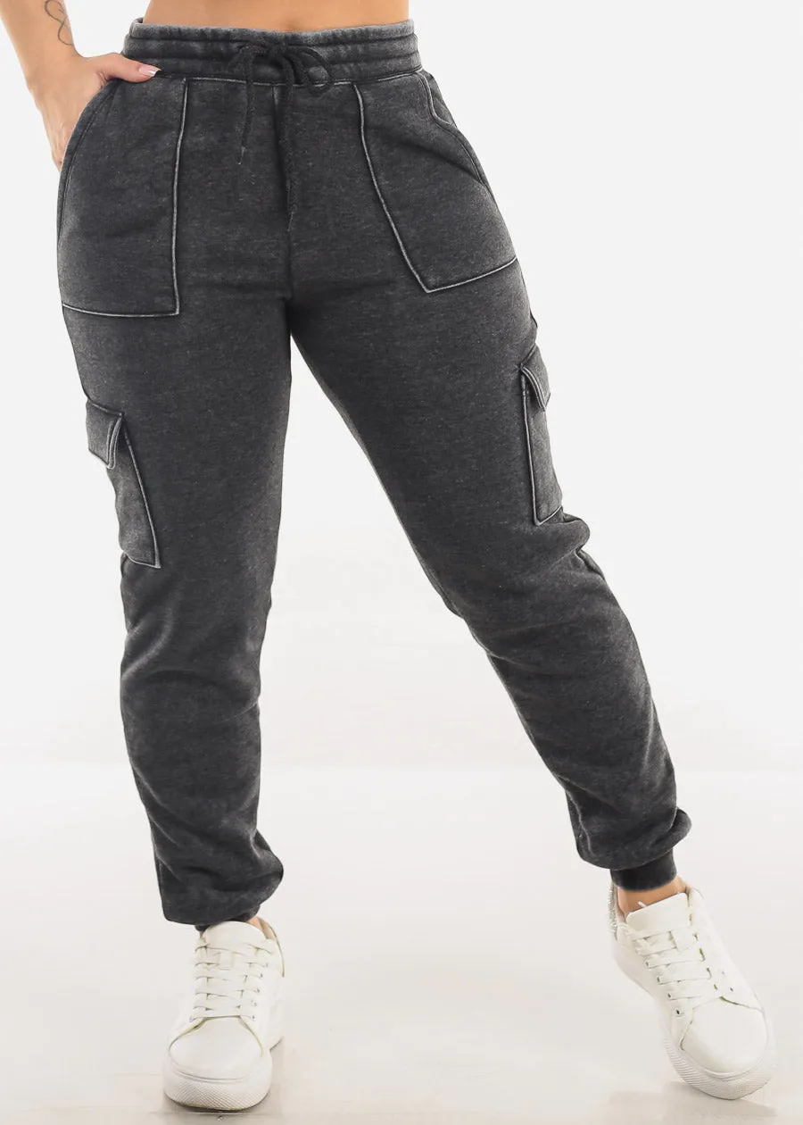 High Drawstring Waist Fleece Cargo Jogger Pants Charcoal sold by Moda