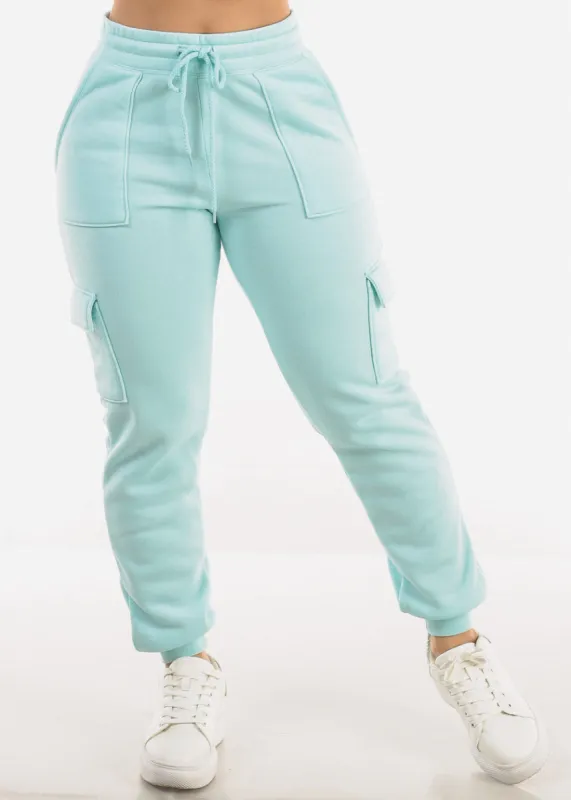 High Drawstring Waist Fleece Cargo Jogger Pants Aqua sold by Moda