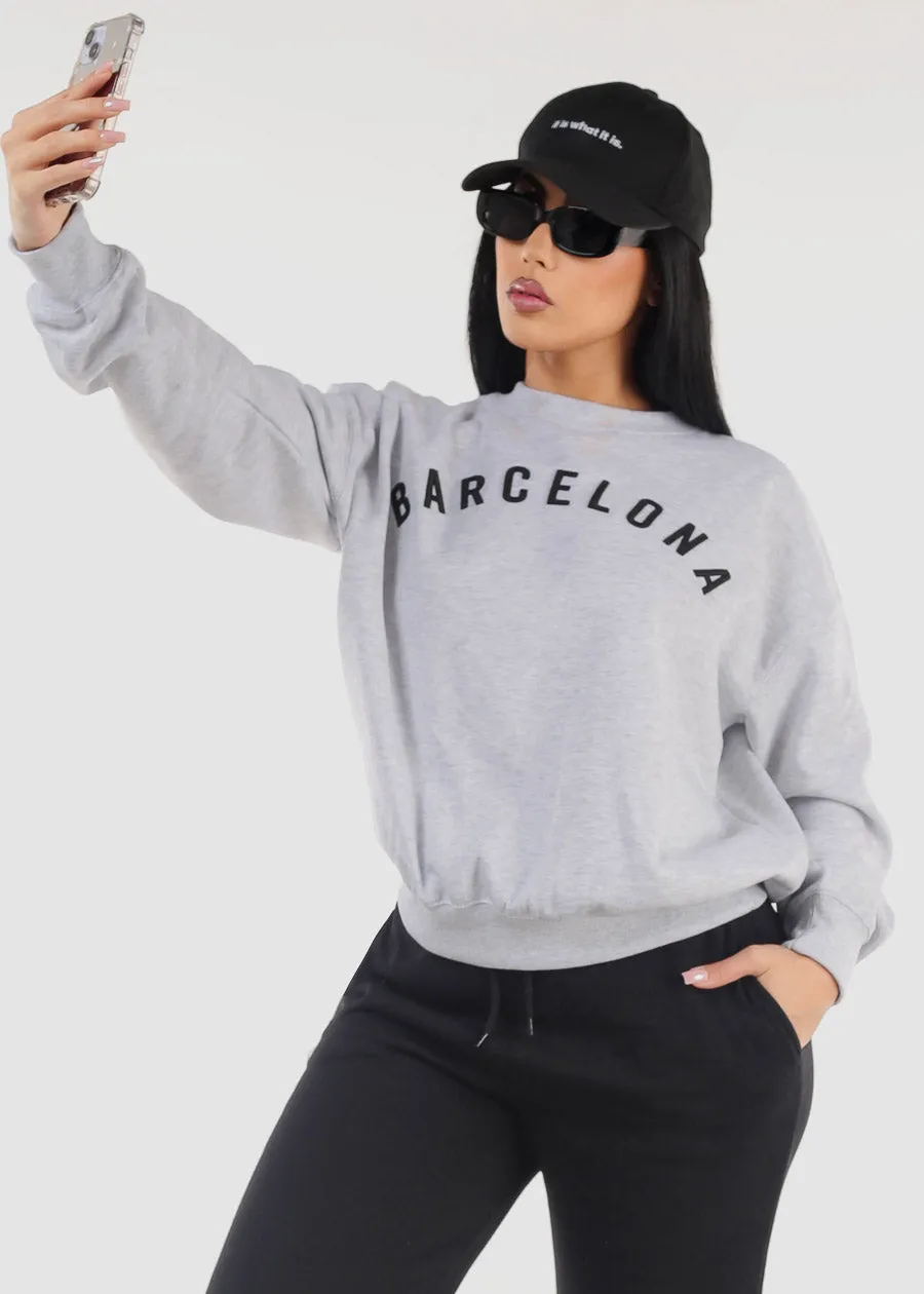 Relaxed Fit Crewneck Fleece Sweatshirt Grey "Barcelona" sold by Moda