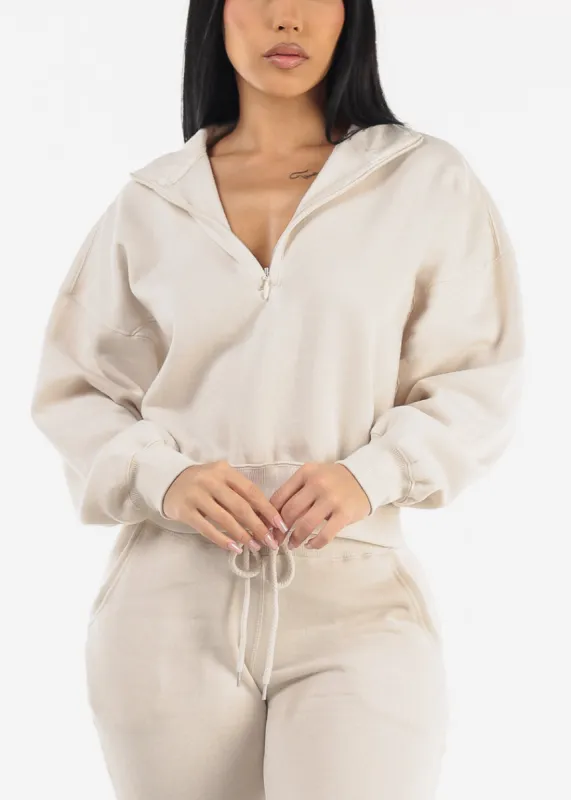 Half Zip Up Mock Neck Fleece Sweatshirt Cream sold by Moda