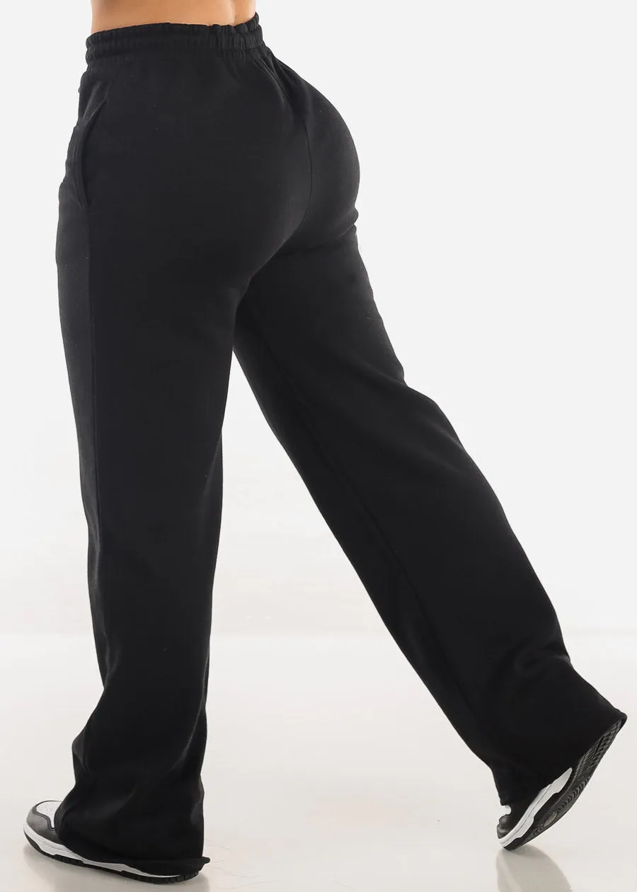 Drawstring Waist Black Straight Wide Leg Fleece Pants sold by Moda product image thumbnail 5