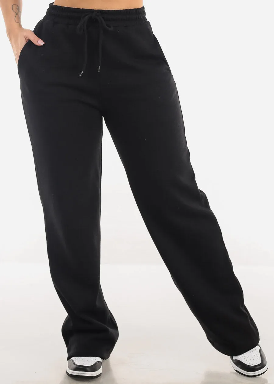 Drawstring Waist Black Straight Wide Leg Fleece Pants sold by Moda