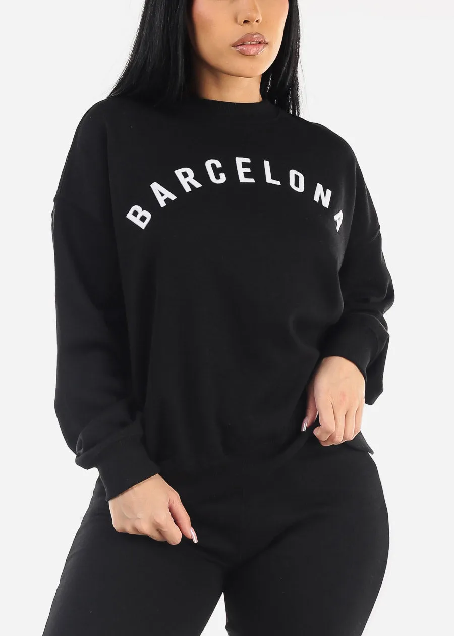 Relaxed Fit Black Crewneck Fleece Sweatshirt "Barcelona" sold by Moda