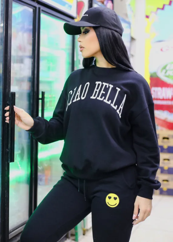 Relaxed Fit Black Fleece Sweatshirt "Ciao Bella" sold by Moda