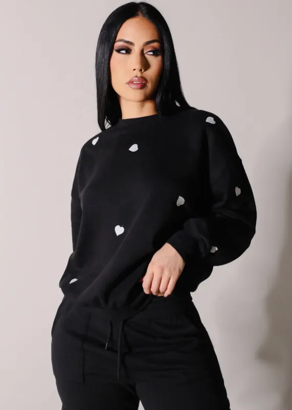 Long Sleeve Crewneck Fleece Sweatshirt Black "Hearts" sold by Moda