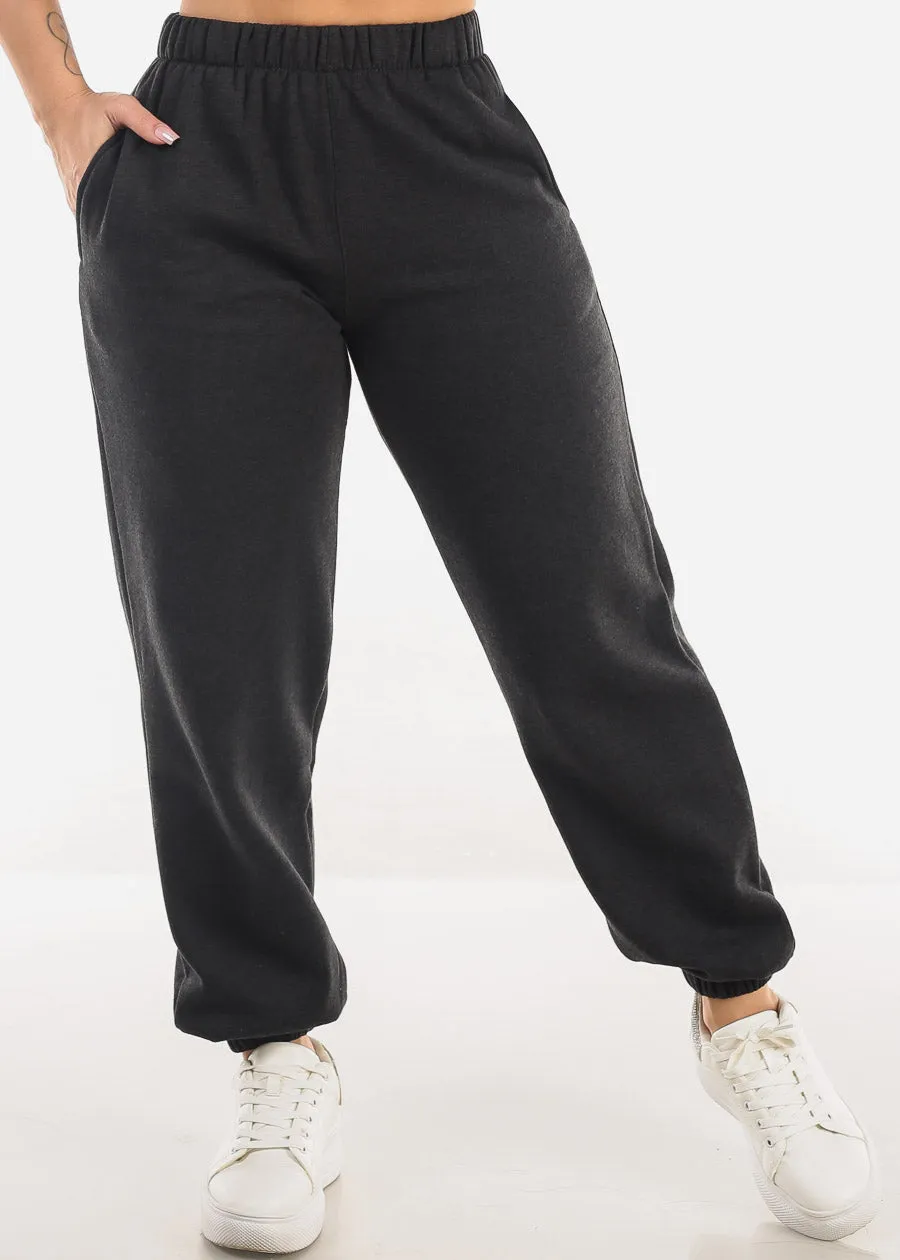 High Waisted Fleece Jogger Pants Charcoal sold by Moda