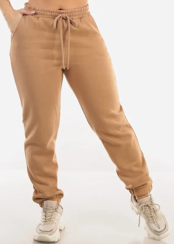 Drawstring Waist Fleece Jogger Pants Camel sold by Moda