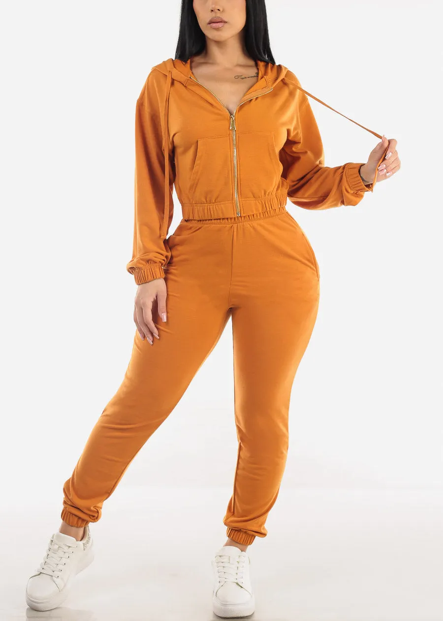 Cropped Zip Up Hoodie & Jogger Pants Tangerine (2 PCE SET) sold by Moda