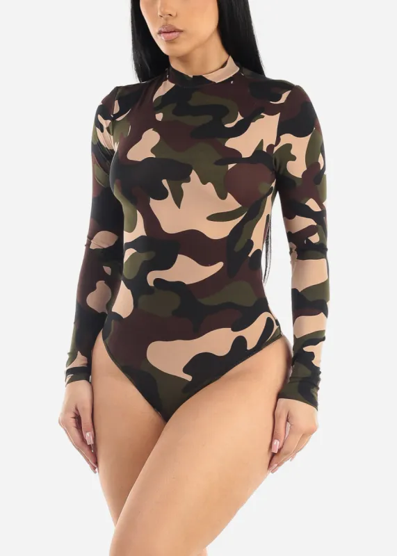 Long Sleeve Mock Neck Camo Thong Bodysuit sold by Moda
