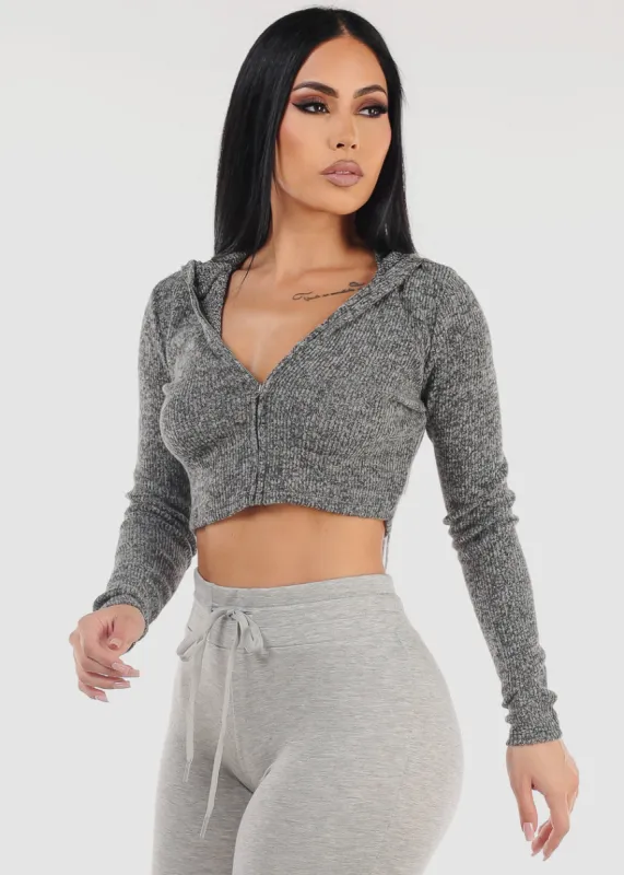 Rib Knit Zip Up Cropped Hoodie Charcoal sold by Moda