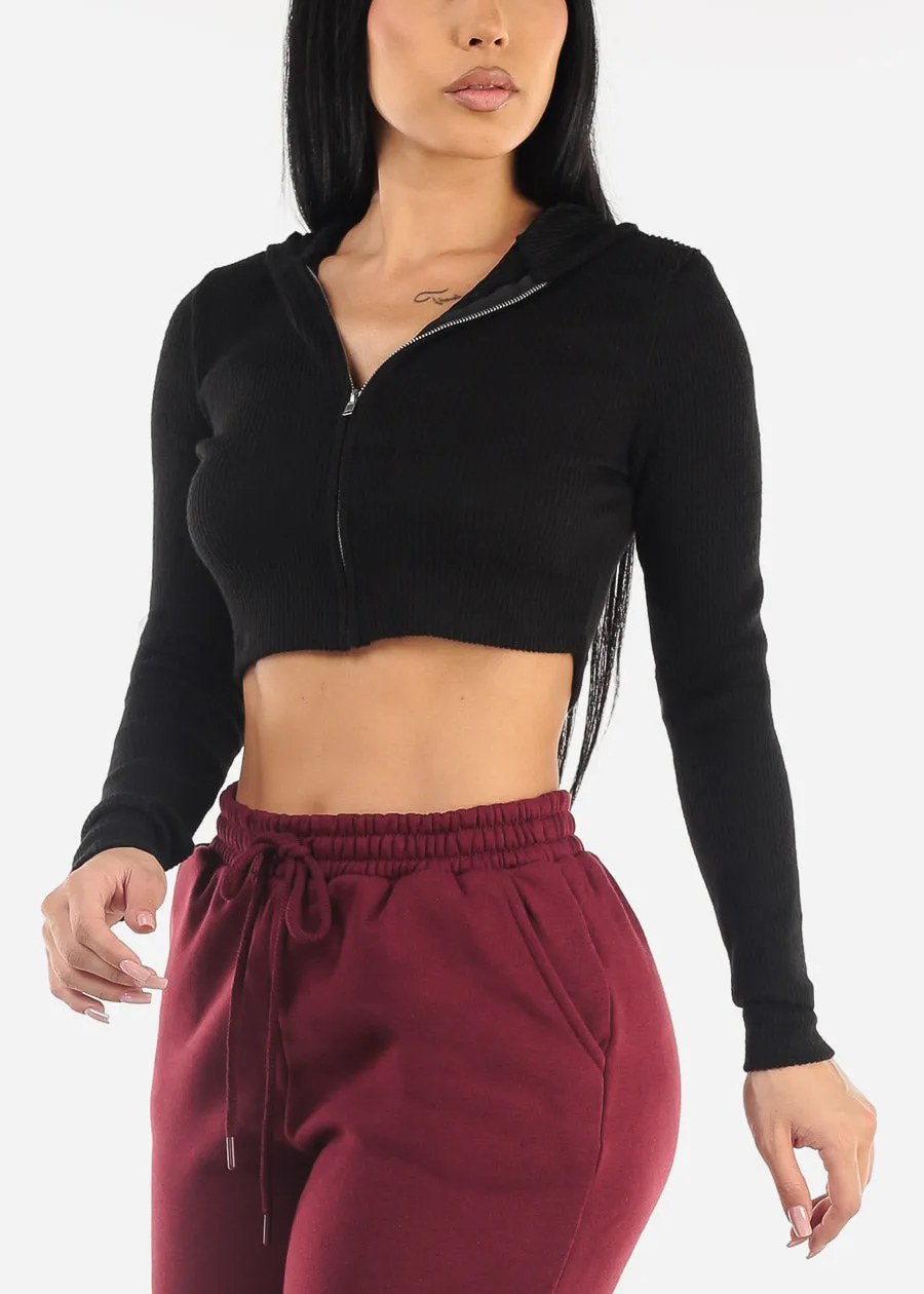 Rib Knit Zip Up Cropped Hoodie Black sold by Moda