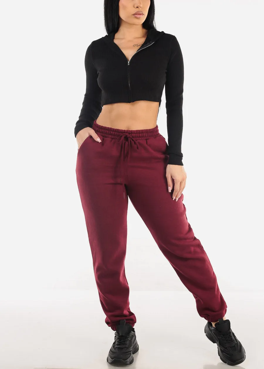 Rib Knit Zip Up Cropped Hoodie Black sold by Moda product image thumbnail 2