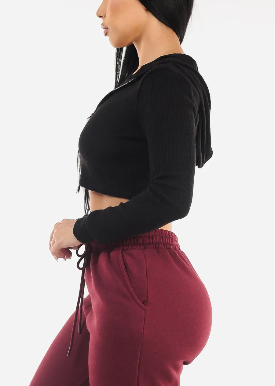 Rib Knit Zip Up Cropped Hoodie Black sold by Moda product image thumbnail 3