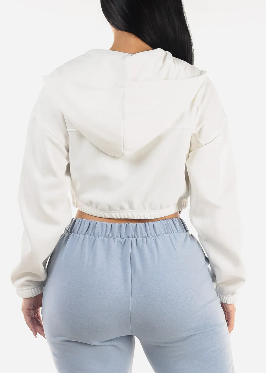 White Hooded Long Sleeve Fleece Cropped Jacket sold by Moda product image thumbnail 4