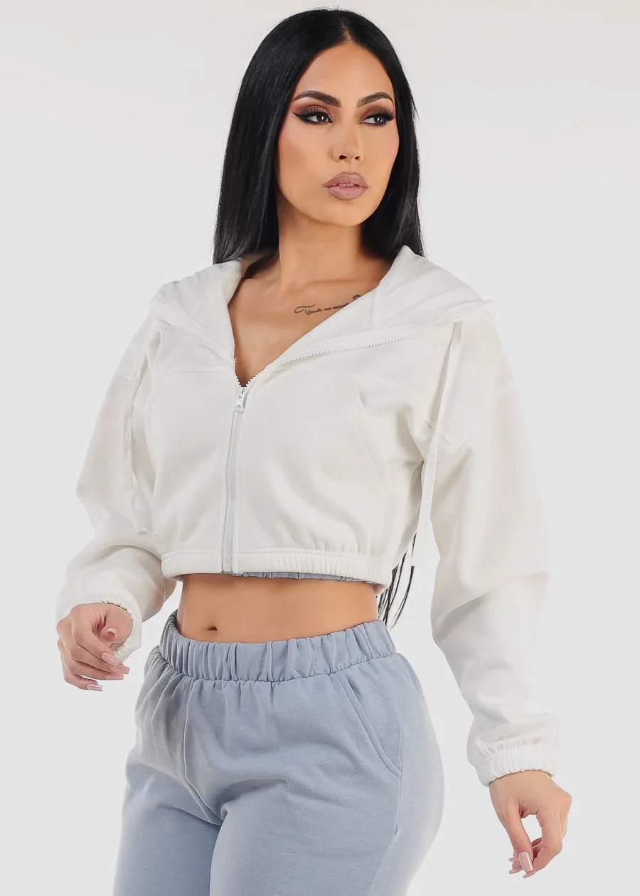 White Hooded Long Sleeve Fleece Cropped Jacket sold by Moda