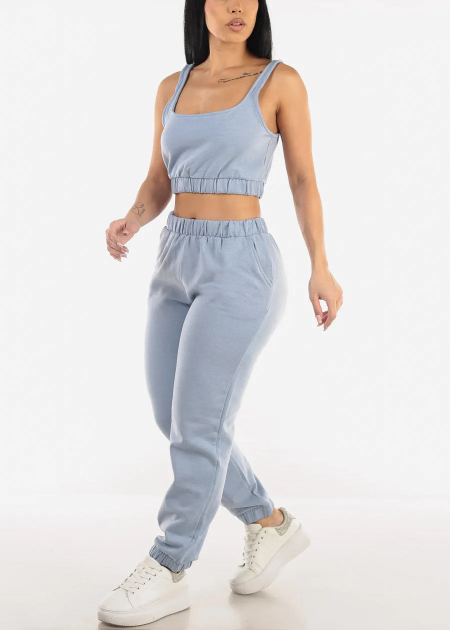 Sleeveless Fleece Crop Top & Jogger Pants Dusty Blue (2 PCE SET) sold by Moda