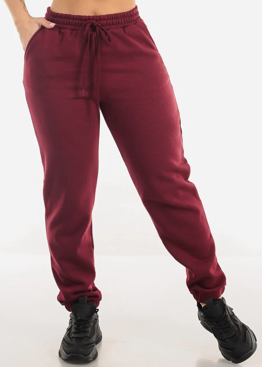 Drawstring Waist Fleece Jogger Pants Burgundy sold by Moda