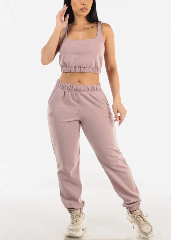 Sleeveless Fleece Crop Top & Jogger Pants Lilac (2 PCE SET) sold by Moda
