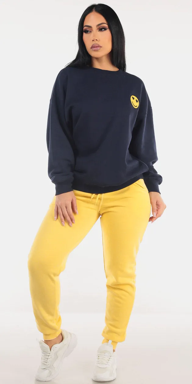 Navy Fleece Yellow Joggers Look sold by Moda