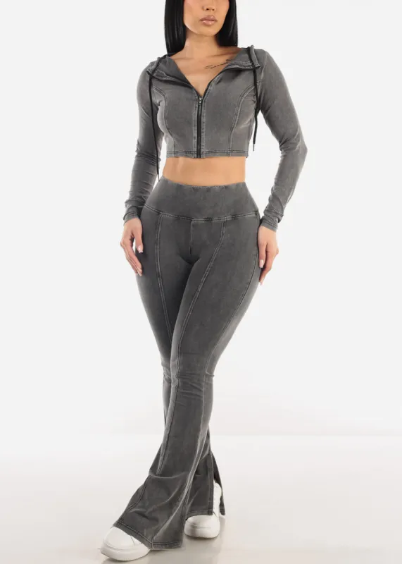 Zip Up Crop Jacket & Flared Pants Black (2 PCE SET) sold by Moda