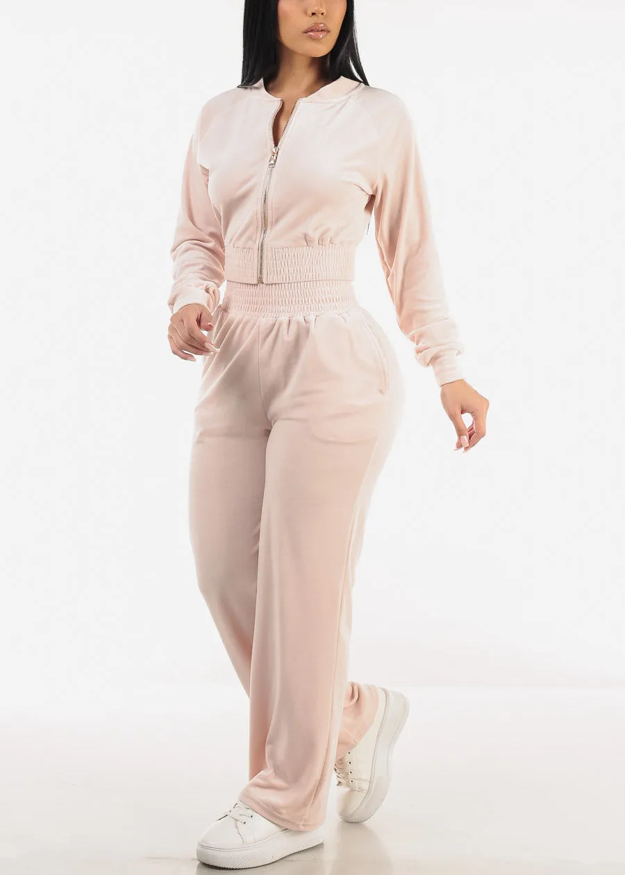 Velvet Zip Up Tracksuit Light Pink (2 PCE SET) sold by Moda