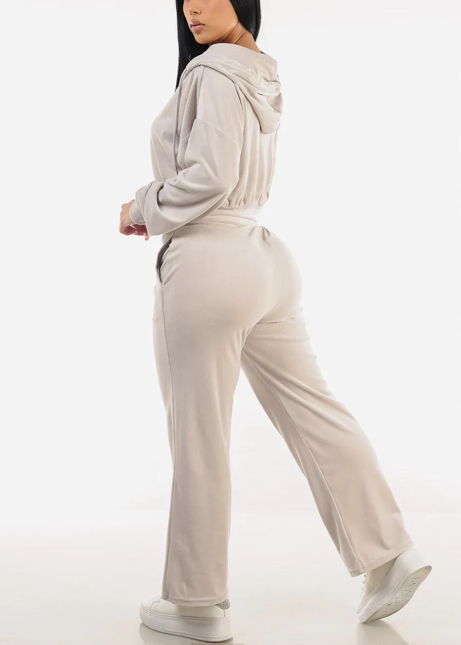 Hooded Zip Up Velvet Tracksuit Beige (2 PCE SET) sold by Moda product image thumbnail 3