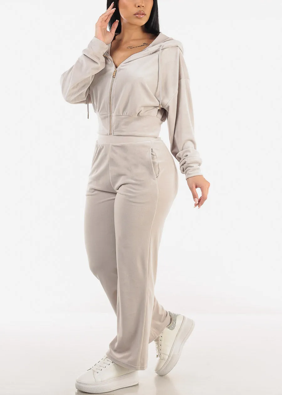 Hooded Zip Up Velvet Tracksuit Beige (2 PCE SET) sold by Moda