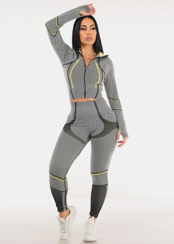 Textured Stripe Zip Up Jacket & Leggings Black (2 PCE SET) sold by Moda