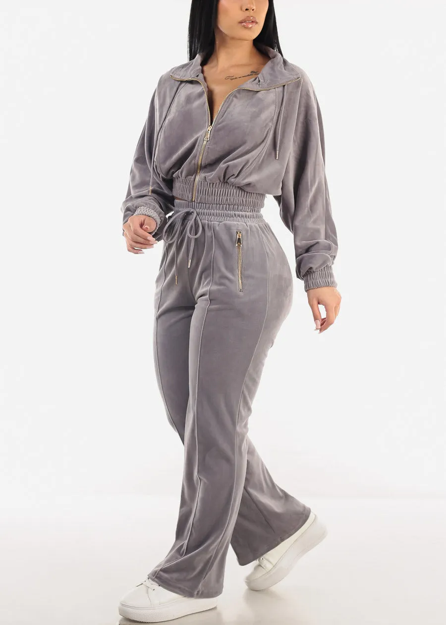 Zip Up Velvet Tracksuit Grey (2 PCE SET) sold by Moda