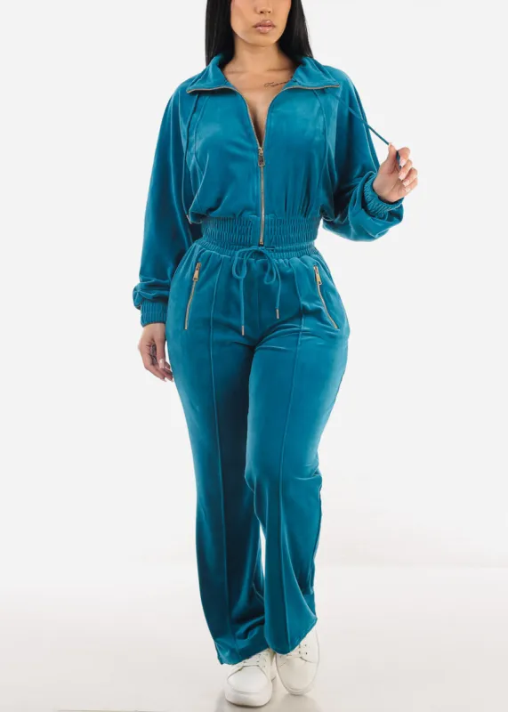 Zip Up Velvet Tracksuit Blue (2 PCE SET) sold by Moda